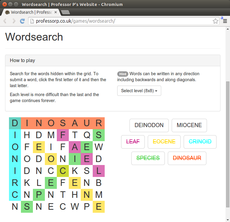Screenshot of the wordsearch game
